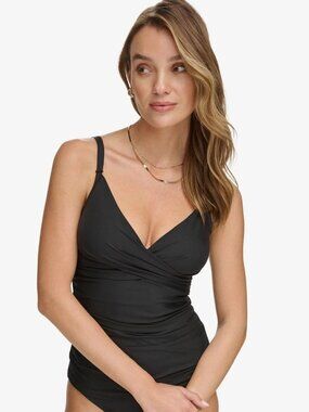 59$ Dkny Twist-Front Tankini Top Tummy Control Swimsuit Size S Black